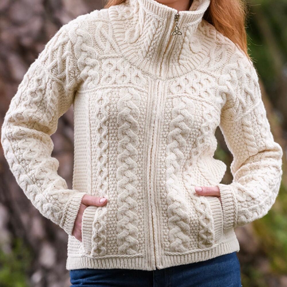 Aran Crafts Women's XS White Cable Knit Zip Cardigan Made in Ireland